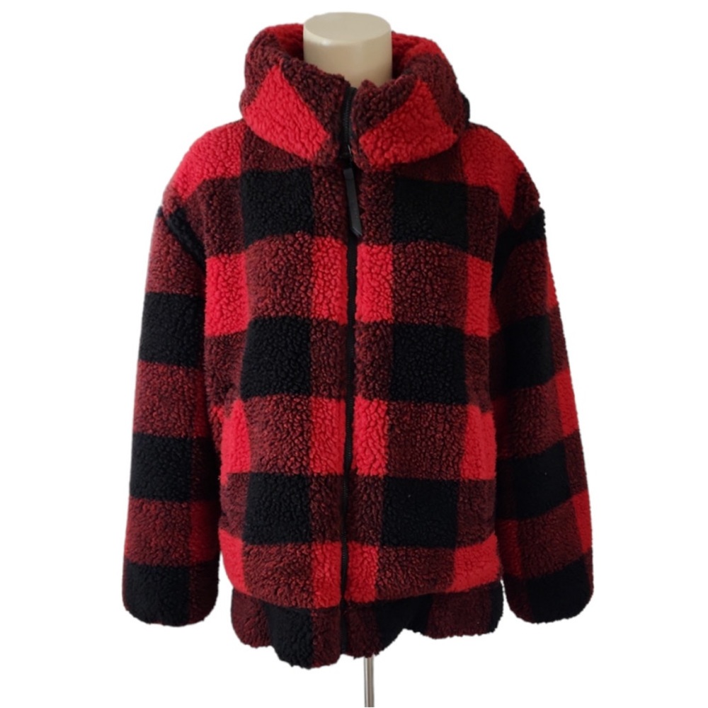 Roots Canada Sherpa Fleece Zip-Up Jacket XS Red Black Buffalo Plaid Lined Pocket - Picture 4 of 7